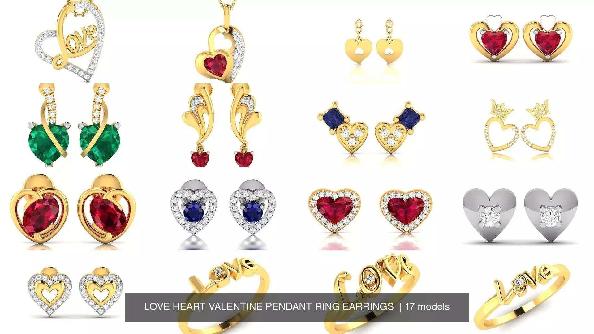 17 LOVE HEART VALENTINE PENDANT RING EARRINGS  3D Model Collection_0