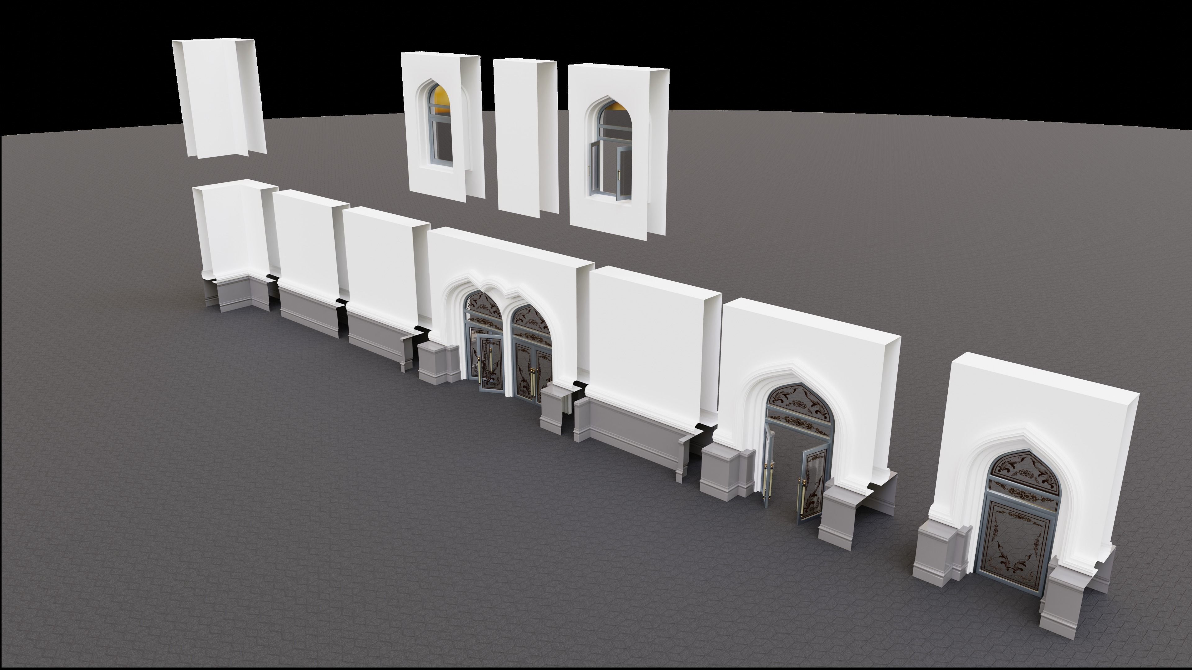 Continuous building Gates Walls and Windows pack 3D model_3