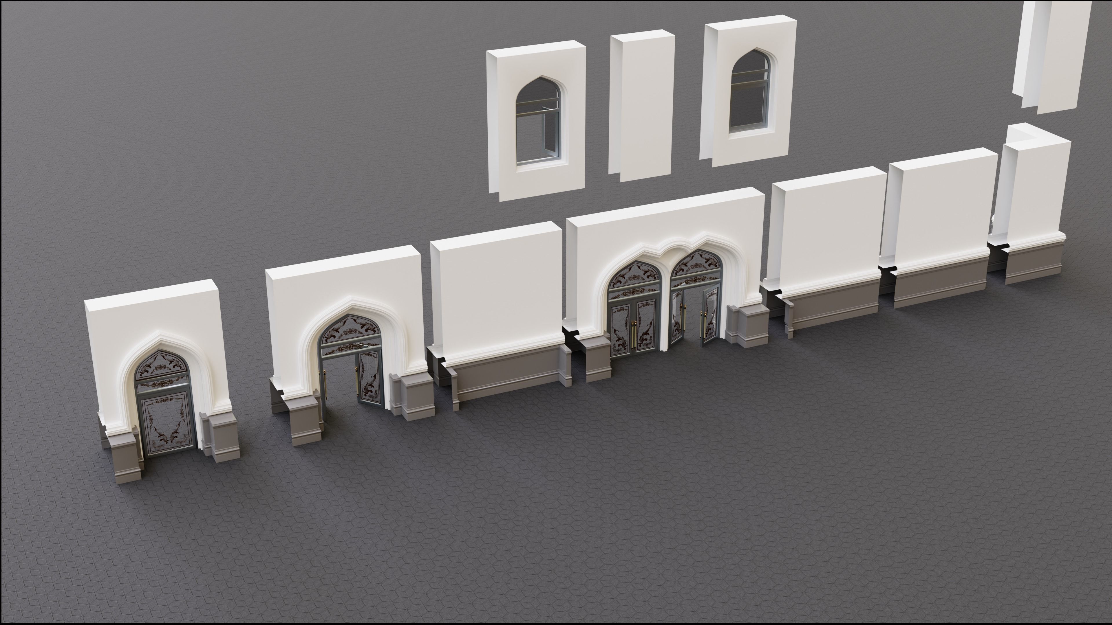 Continuous building Gates Walls and Windows pack 3D model_1