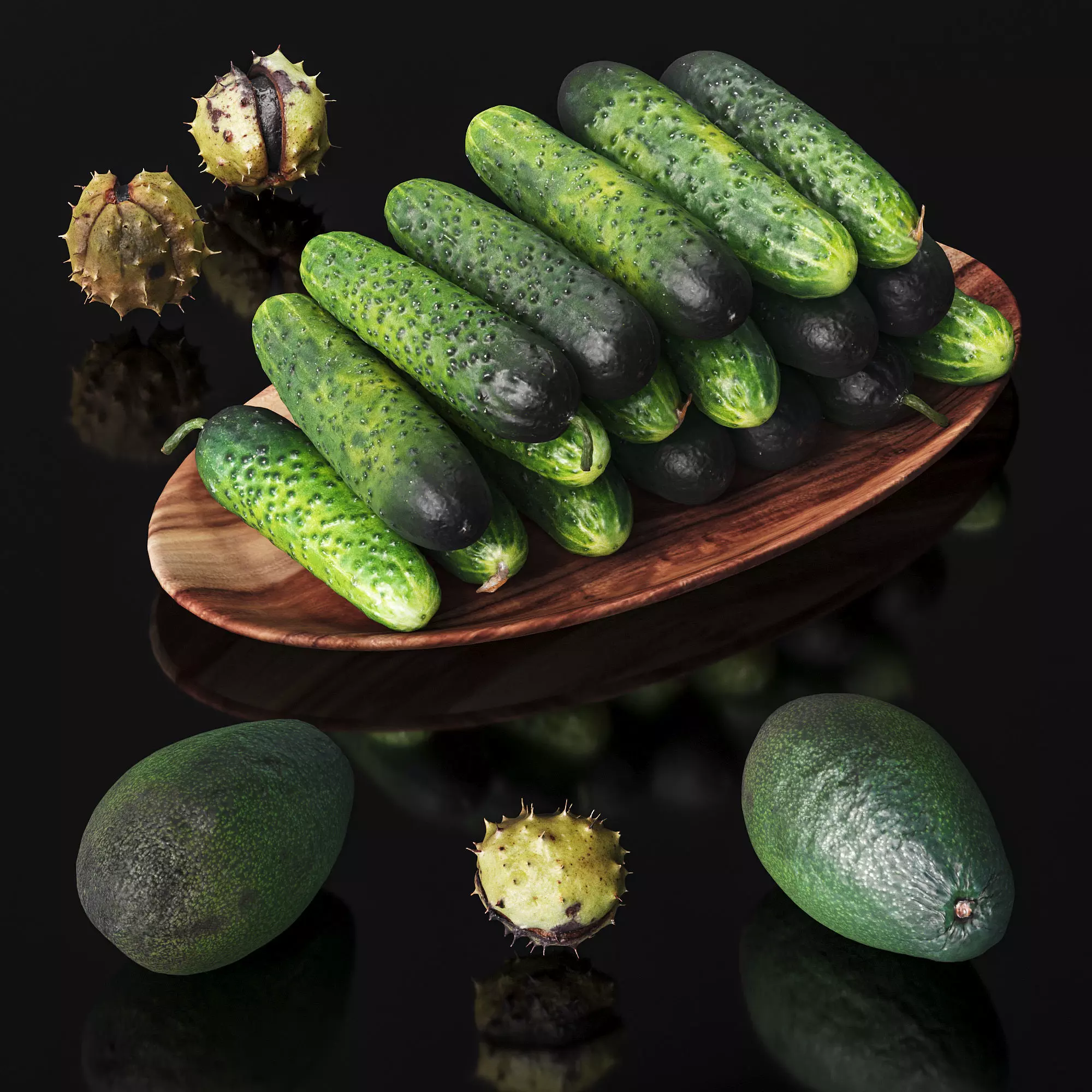 Cucumbers chestnuts and avocados Low-poly 3D model_0