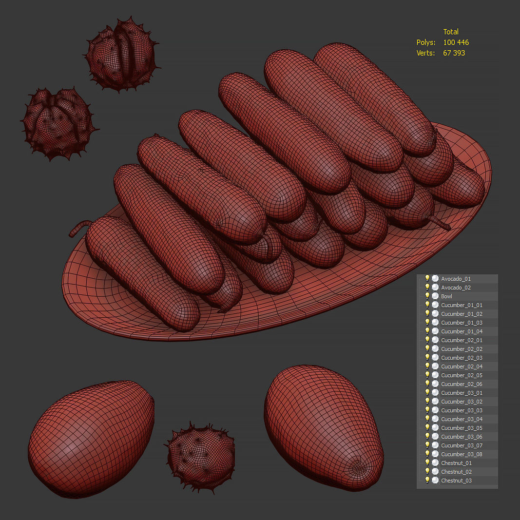 Cucumbers chestnuts and avocados Low-poly 3D model_4