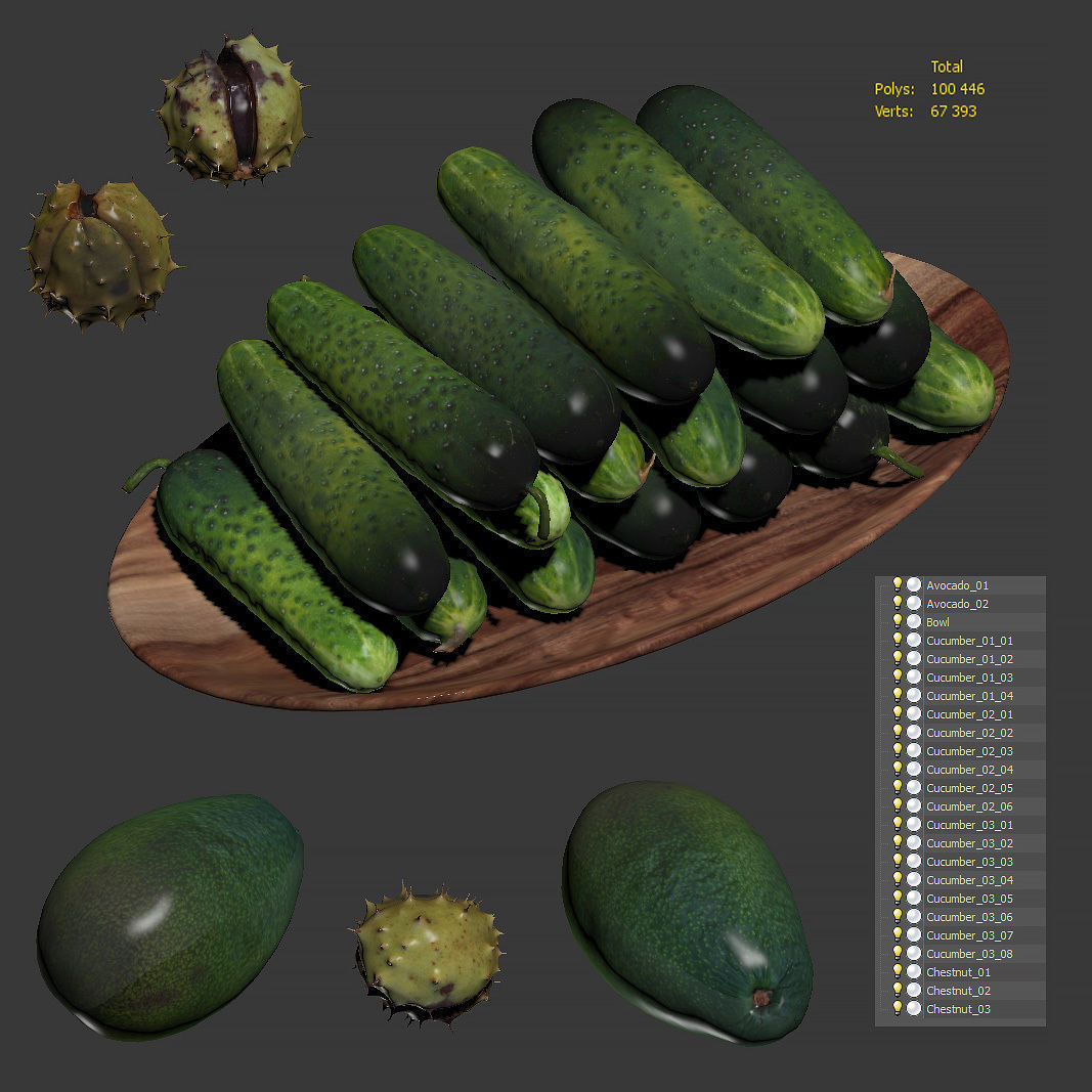 Cucumbers chestnuts and avocados Low-poly 3D model_3