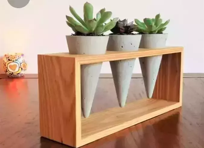 model concrete plant stand with three succulents in it