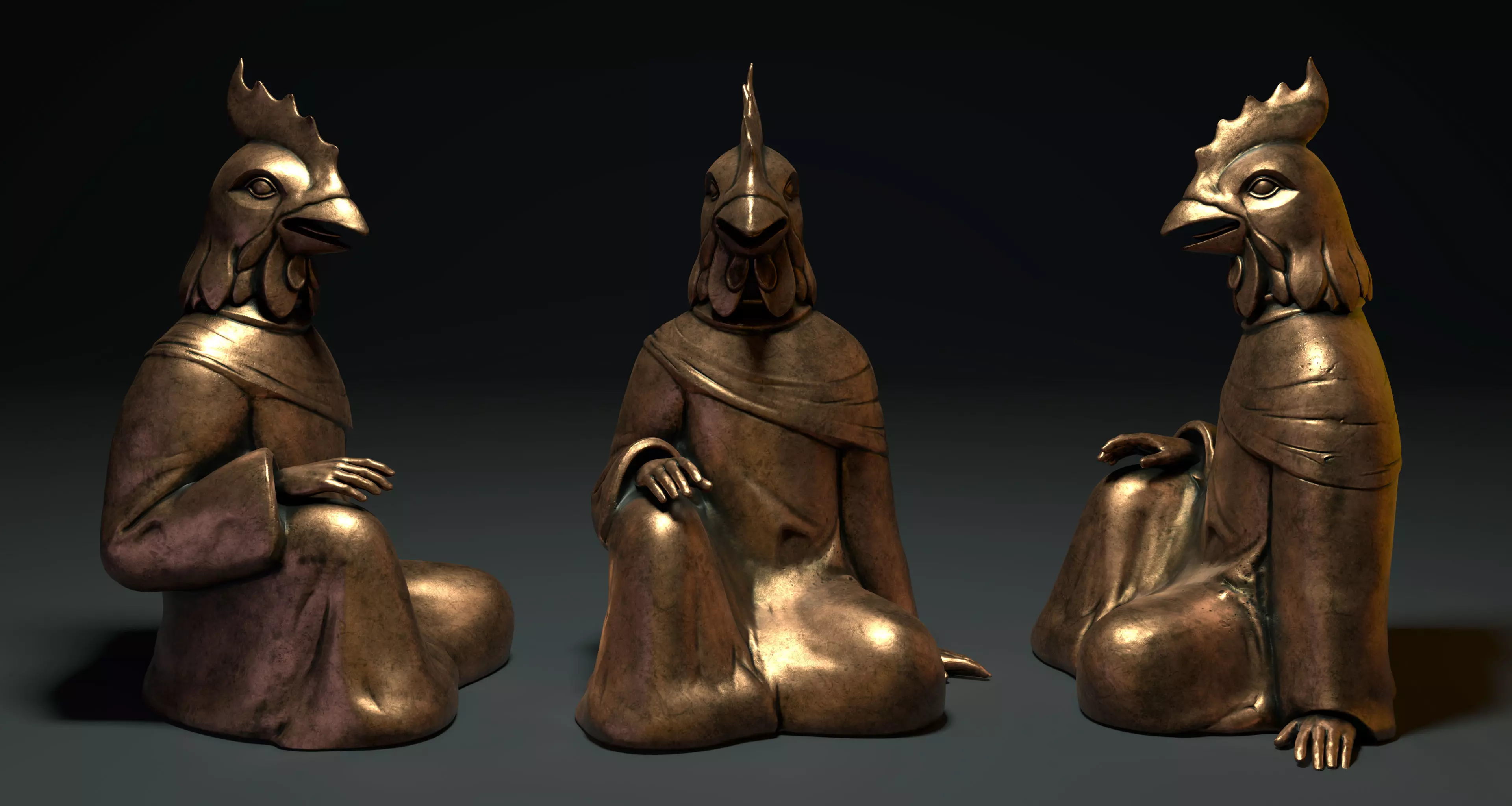 Bronze 12 Zodiac Animals Rooster Sculpture 3D model Low-poly 3D model_0