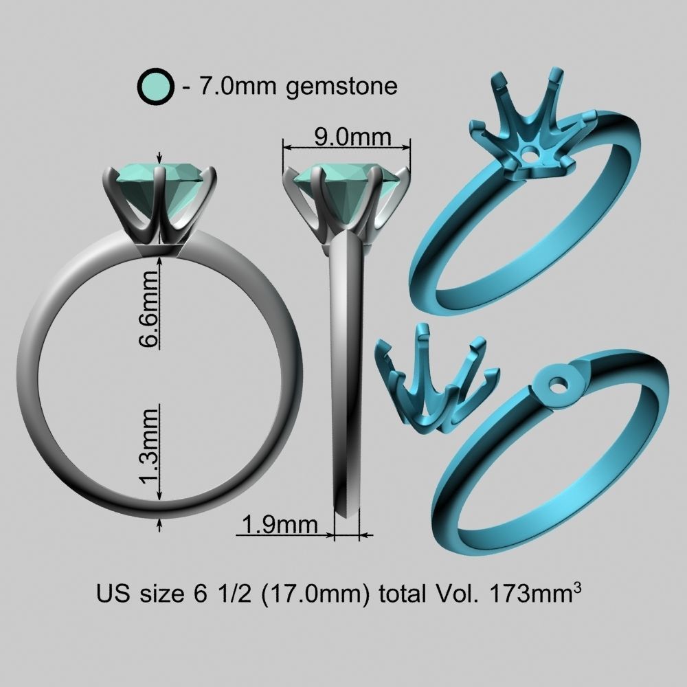 7mm Gemstone Tiffanys Style Gold Ring 3D print model_19