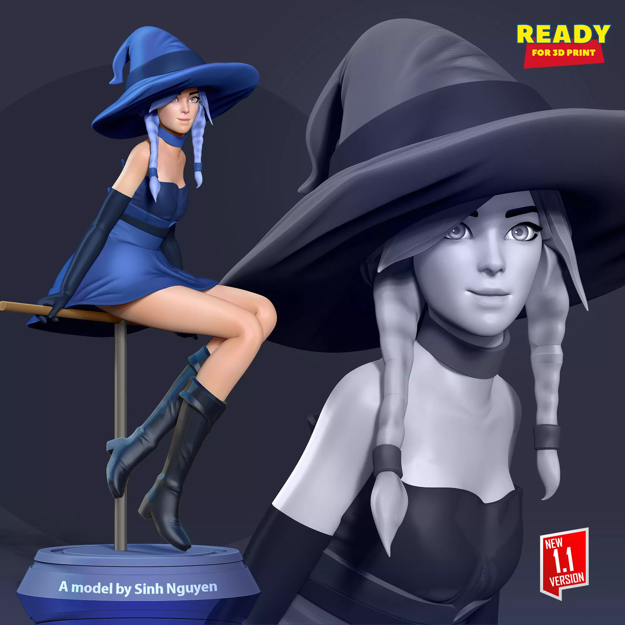 Witch 3D on stool 3D print model_0