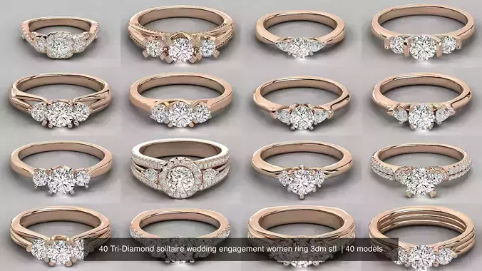40 Tri-Diamond solitaire wedding engagement women ring 3dm stl  3D Model Collection