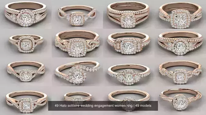 49 Halo solitaire wedding engagement women ring 3D Model Collection