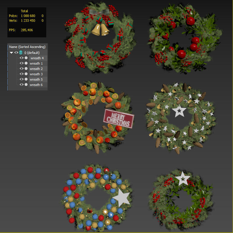 Christmas wreaths four types 3D model_7