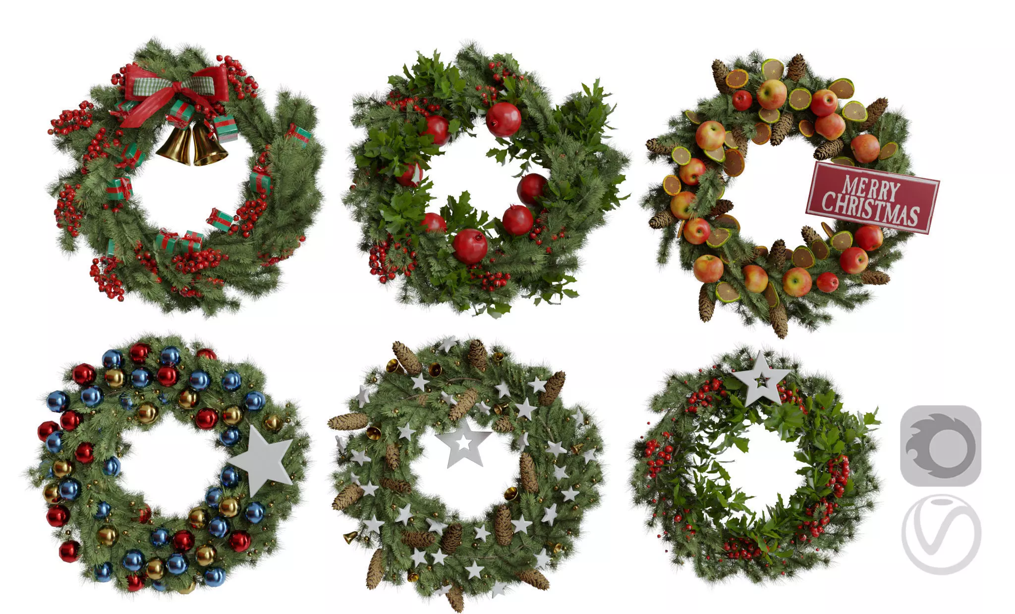 Christmas wreaths four types 3D model_0