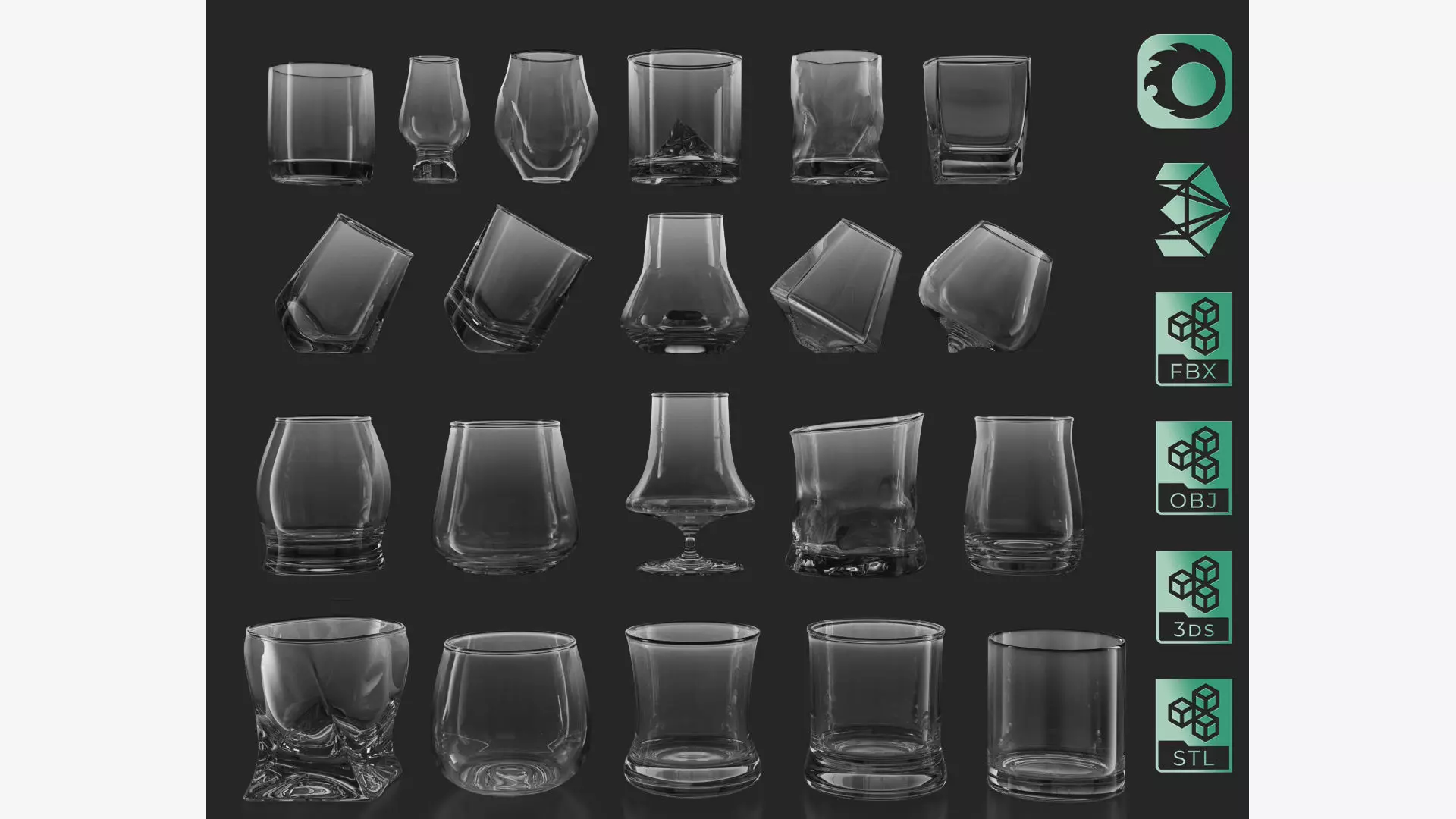 21 Whiskey Alcohol Glass with drink Set Pack Printed 3D model_0