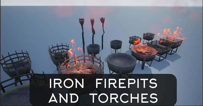 Medieval Iron Firepit and Torch Low-poly 3D model
