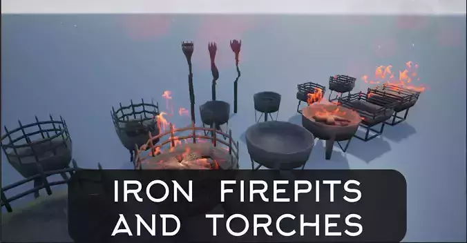 Medieval Iron Firepit and Torch Low-poly 3D model