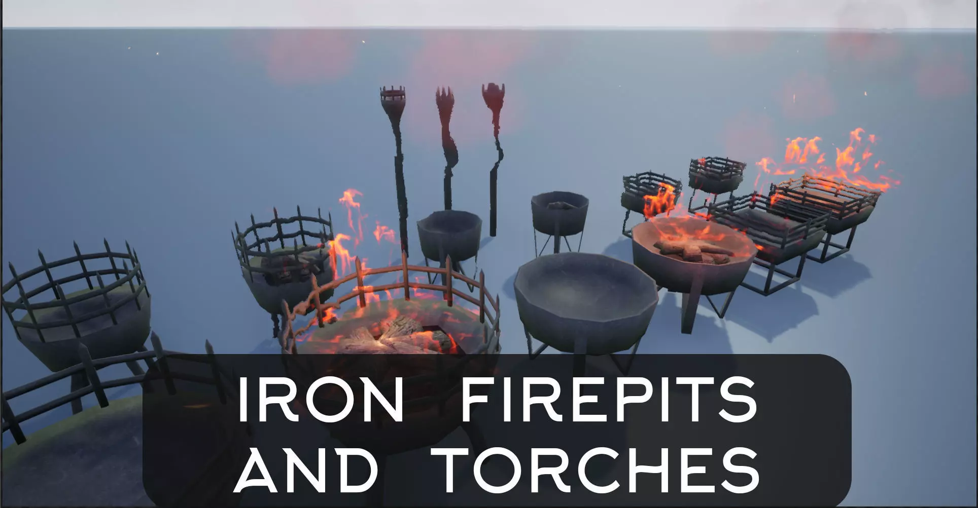 Medieval Iron Firepit and Torch Low-poly 3D model_0