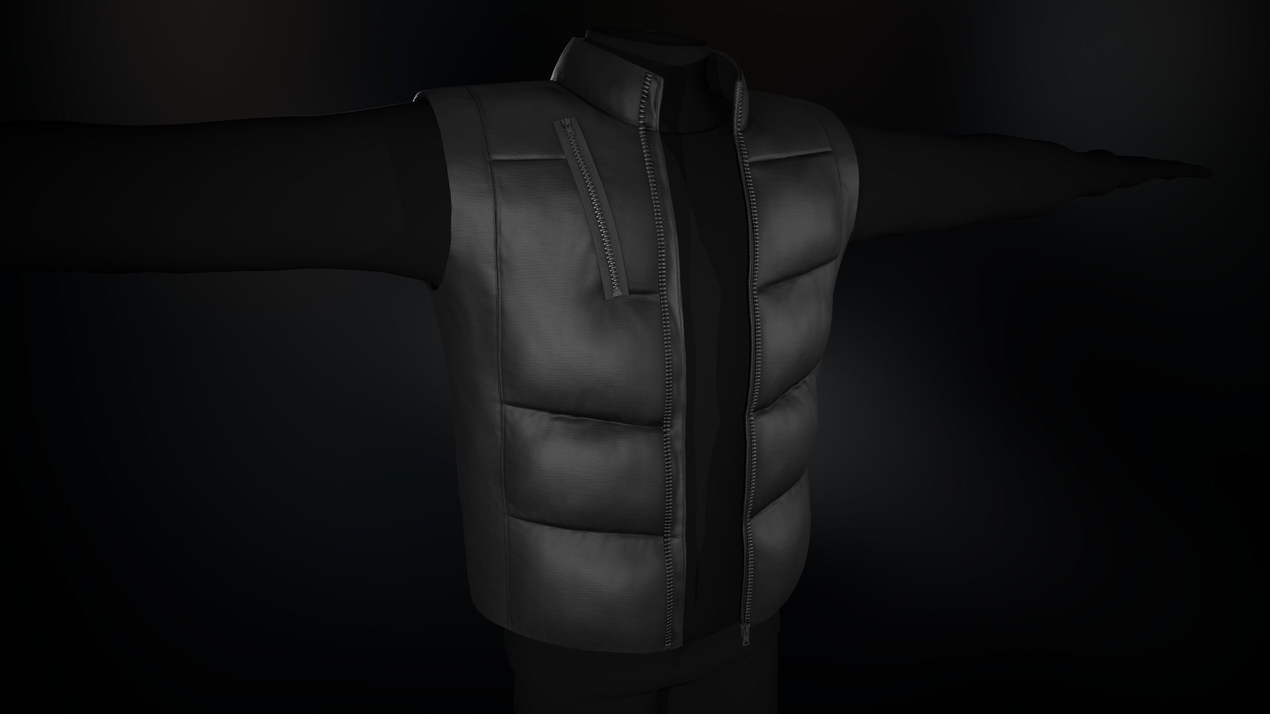 Full Black Puffer Vest Low-poly 3D model_6