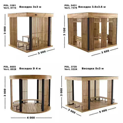 Gazebos set wooden gazebo with benches and tables 3D model
