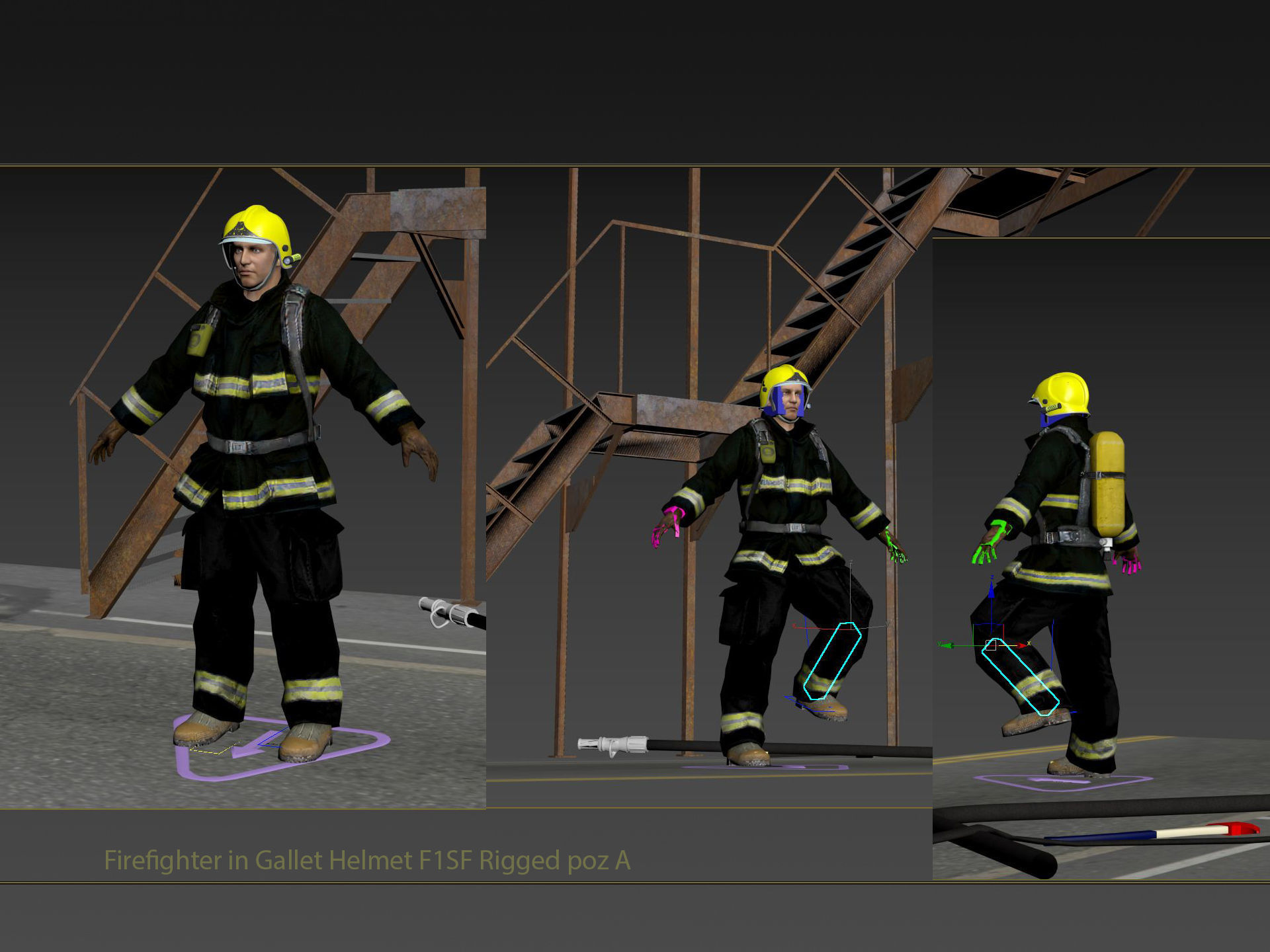 Firefighter in Helmet F1SF Rigged Character Low-poly 3D model_12