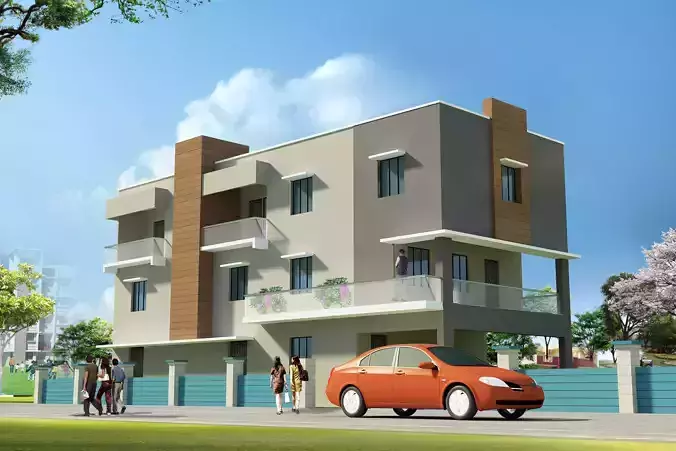 Apartment residential building with two cars parked