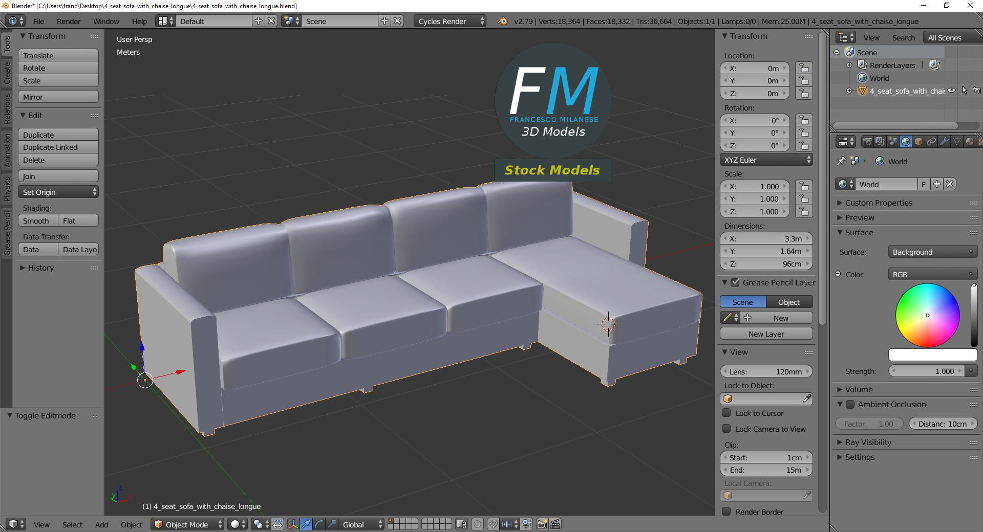 4 seat sofa with chaise longue 3D model_9
