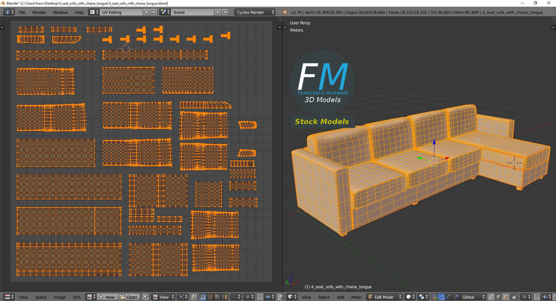 4 seat sofa with chaise longue 3D model_10