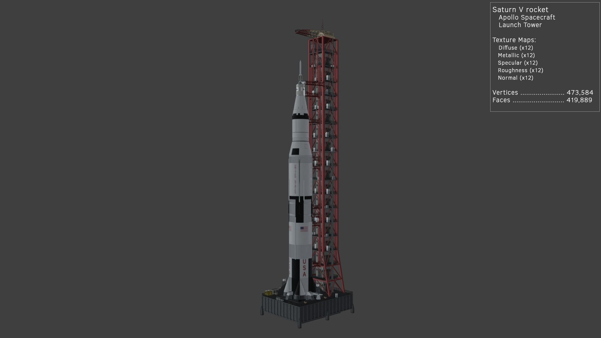 Saturn V Launch Vehicle with Apollo Spacecraft and Launch Tower 3D model_2