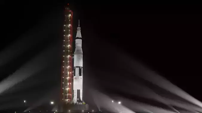 Saturn V Launch Vehicle with Apollo Spacecraft and Launch Tower 3D model