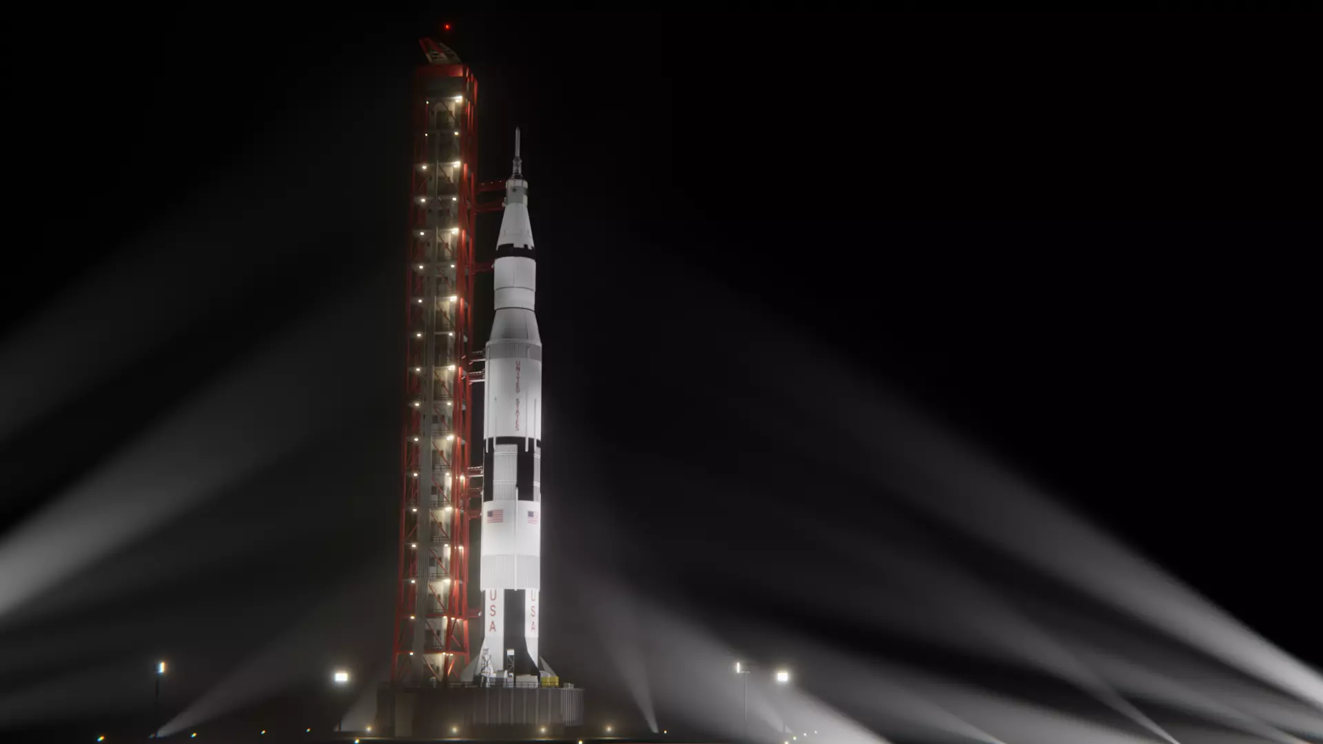 Saturn V Launch Vehicle with Apollo Spacecraft and Launch Tower 3D model_0