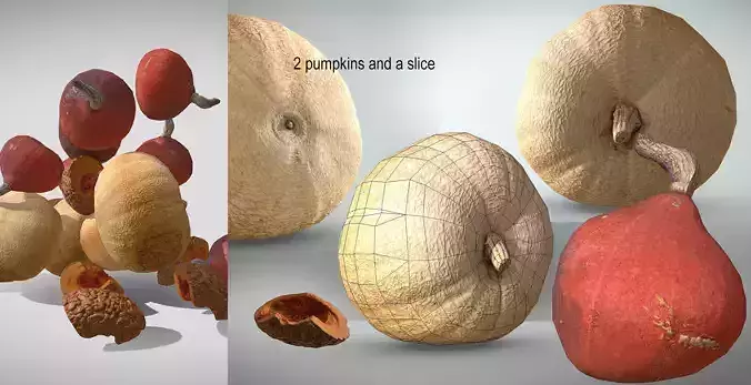 two pumpkins and a slice Low-poly 3D model
