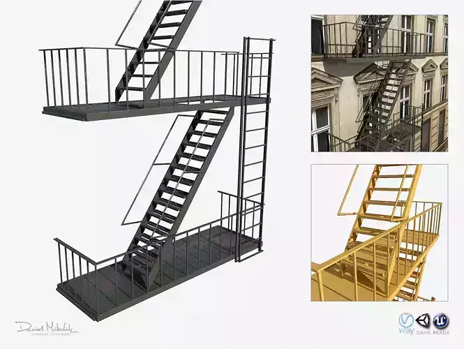 Fire Escape Stairs  Modular Low-poly 3D model