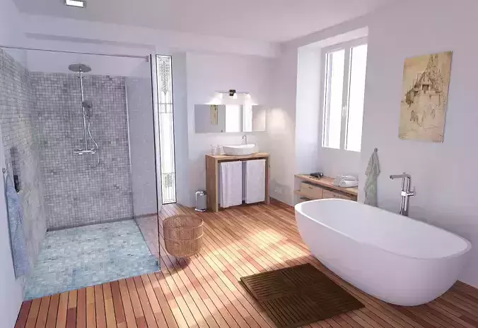 Bathroom with wooden floors and bathtub