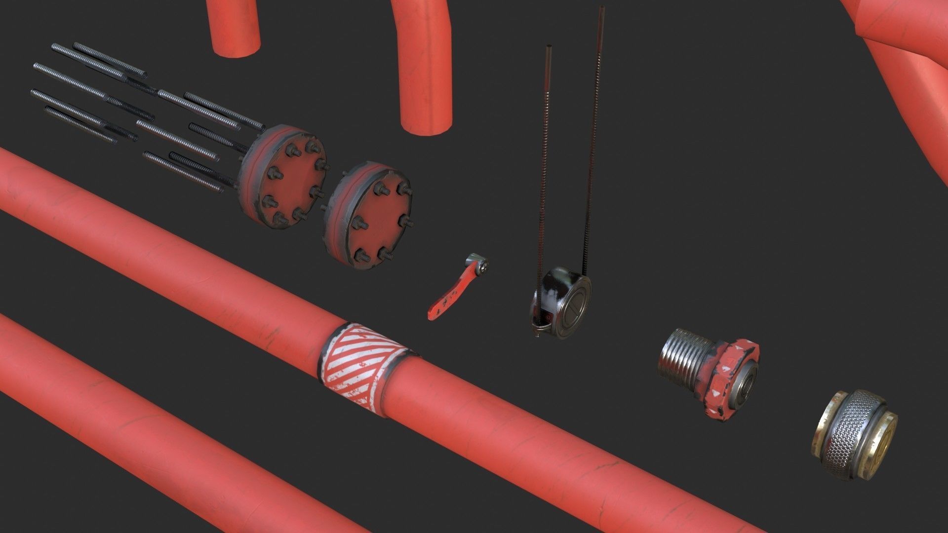Modular Pipes - Industrial Painted Red Low-poly 3D model_8