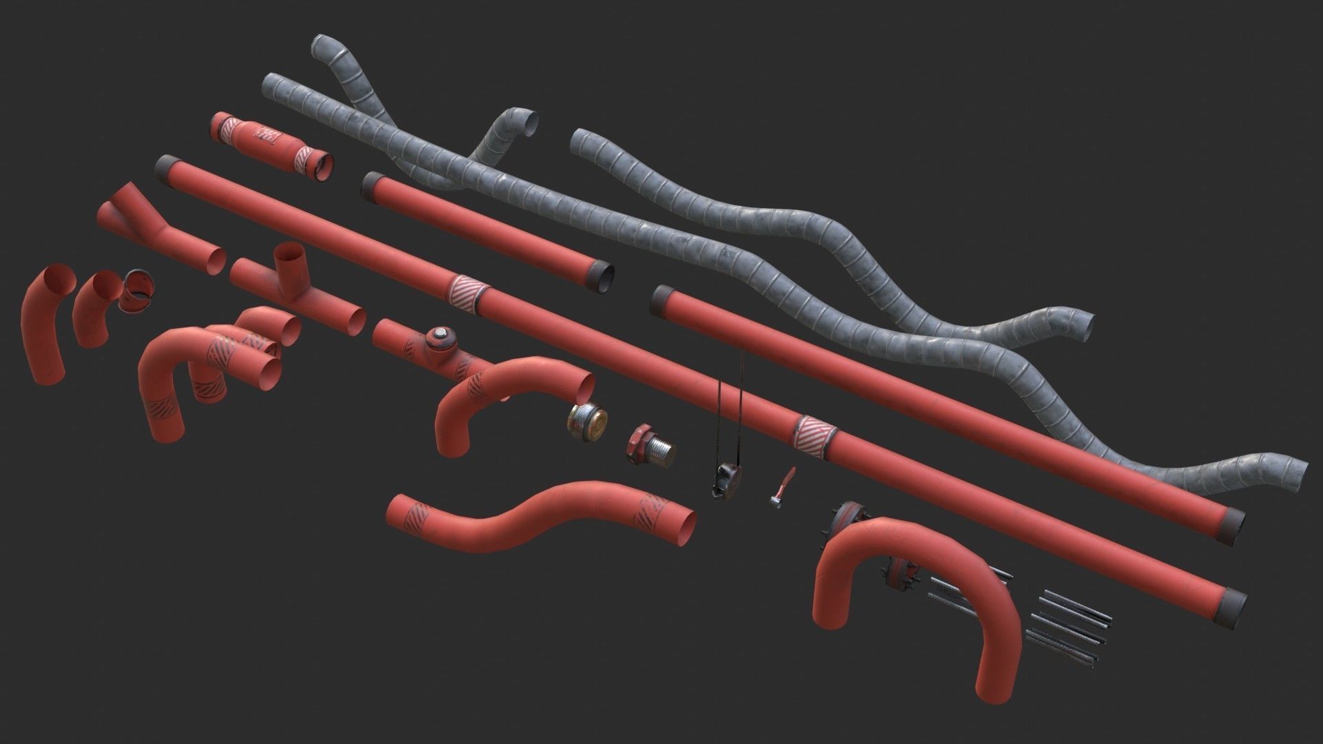 Modular Pipes - Industrial Painted Red Low-poly 3D model_3