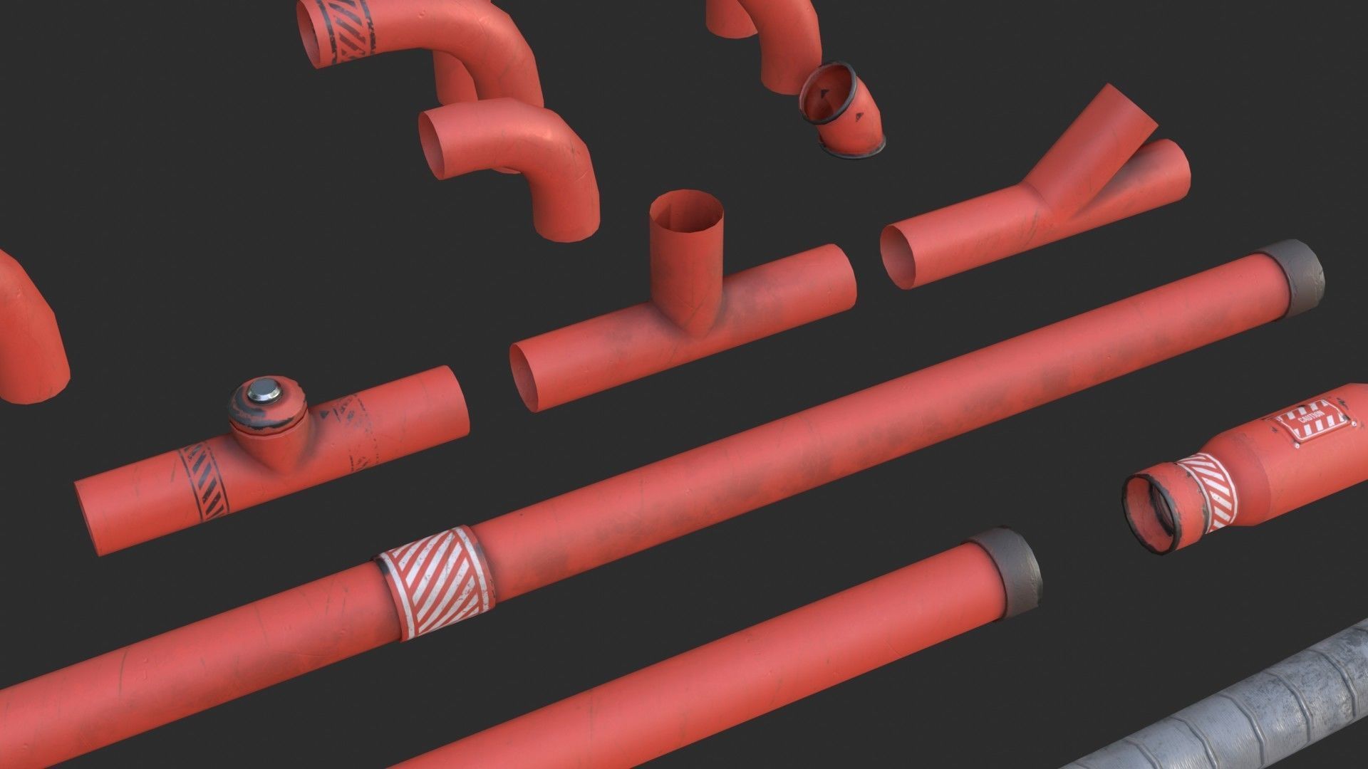 Modular Pipes - Industrial Painted Red Low-poly 3D model_7