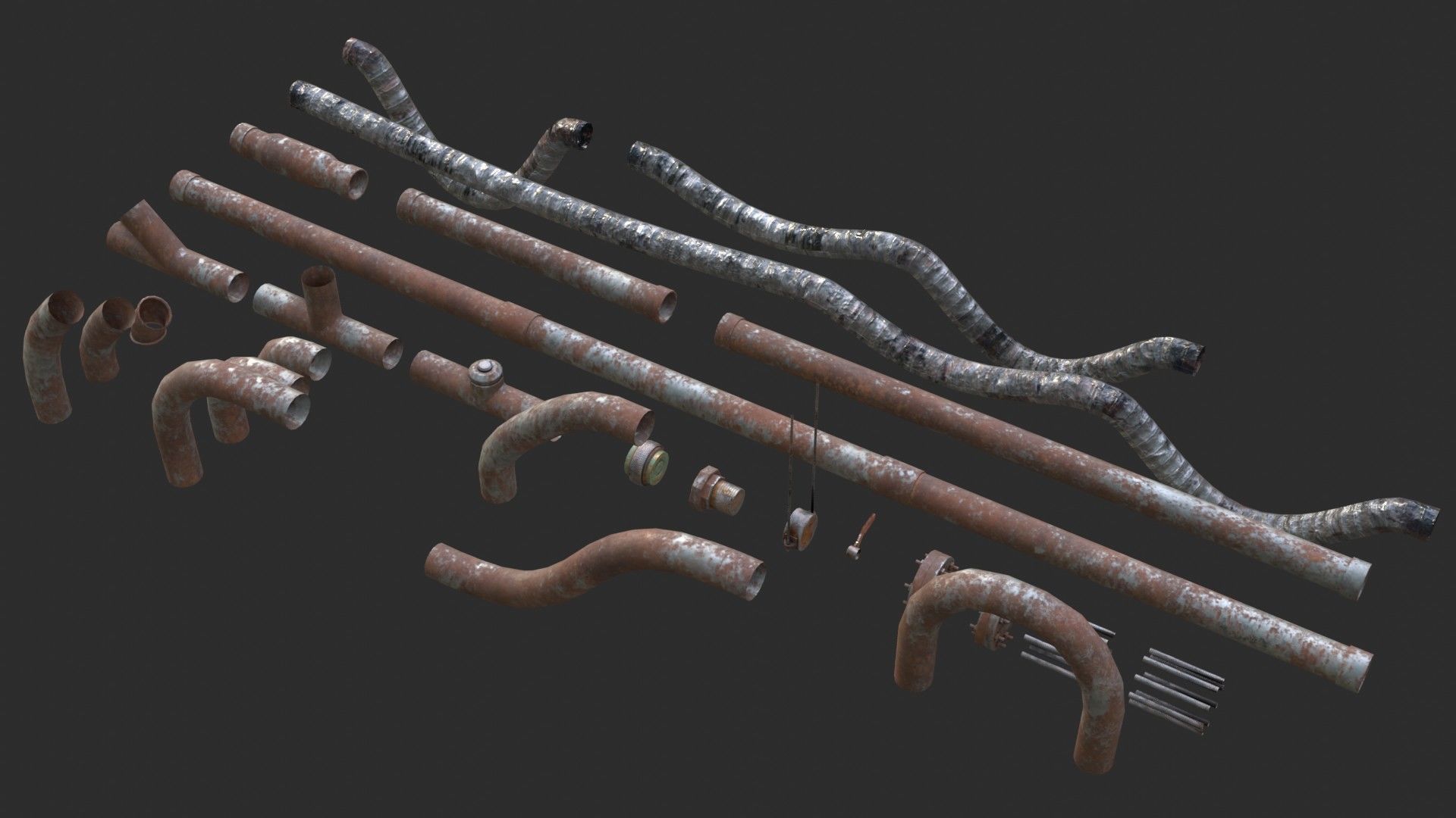 Modular Pipes - Rusted Low-poly 3D model_3