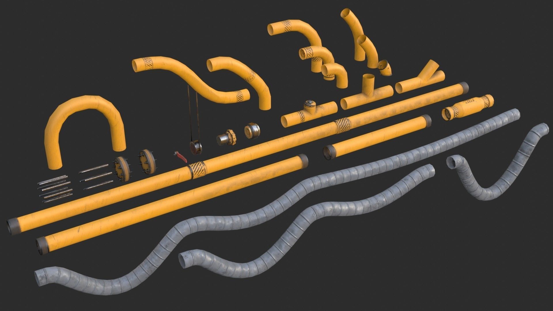 Modular Pipes - Industrial Painted Yellow Low-poly 3D model_2