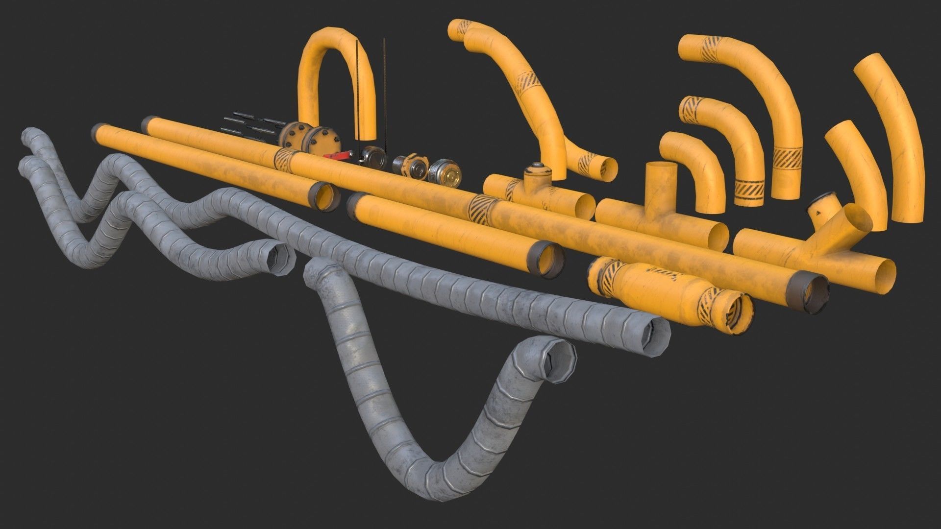 Modular Pipes - Industrial Painted Yellow Low-poly 3D model_5