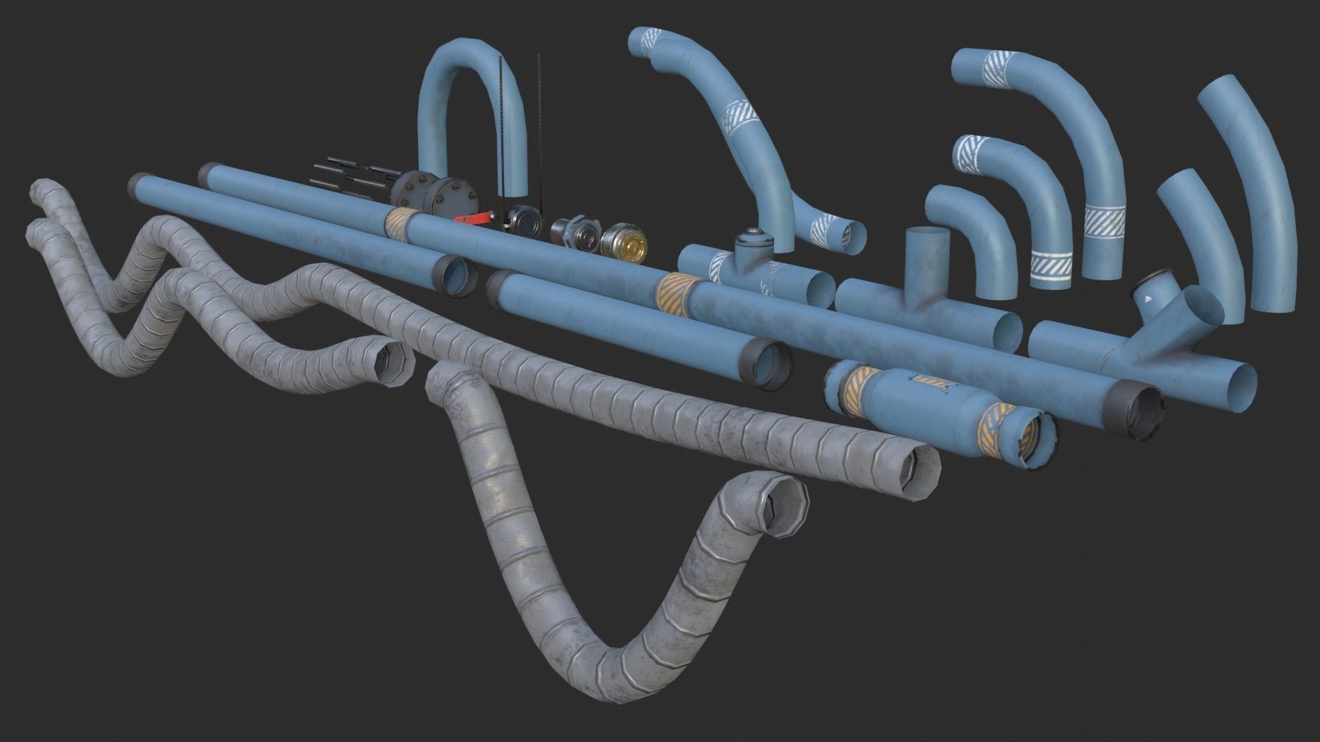 Modular Pipes - Industrial Painted Blue Low-poly 3D model_5