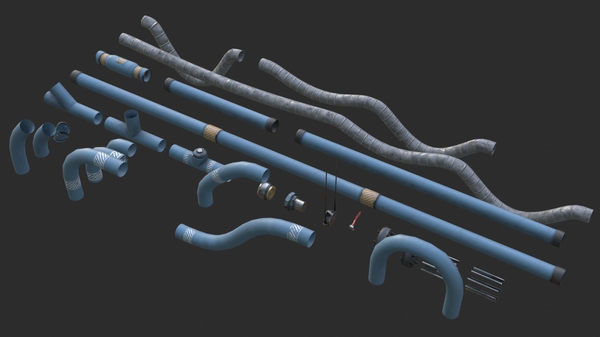 Modular Pipes - Industrial Painted Blue Low-poly 3D model_3