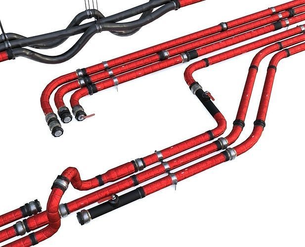 Modular Pipes - Sci-Fi Red Insulation Low-poly 3D model