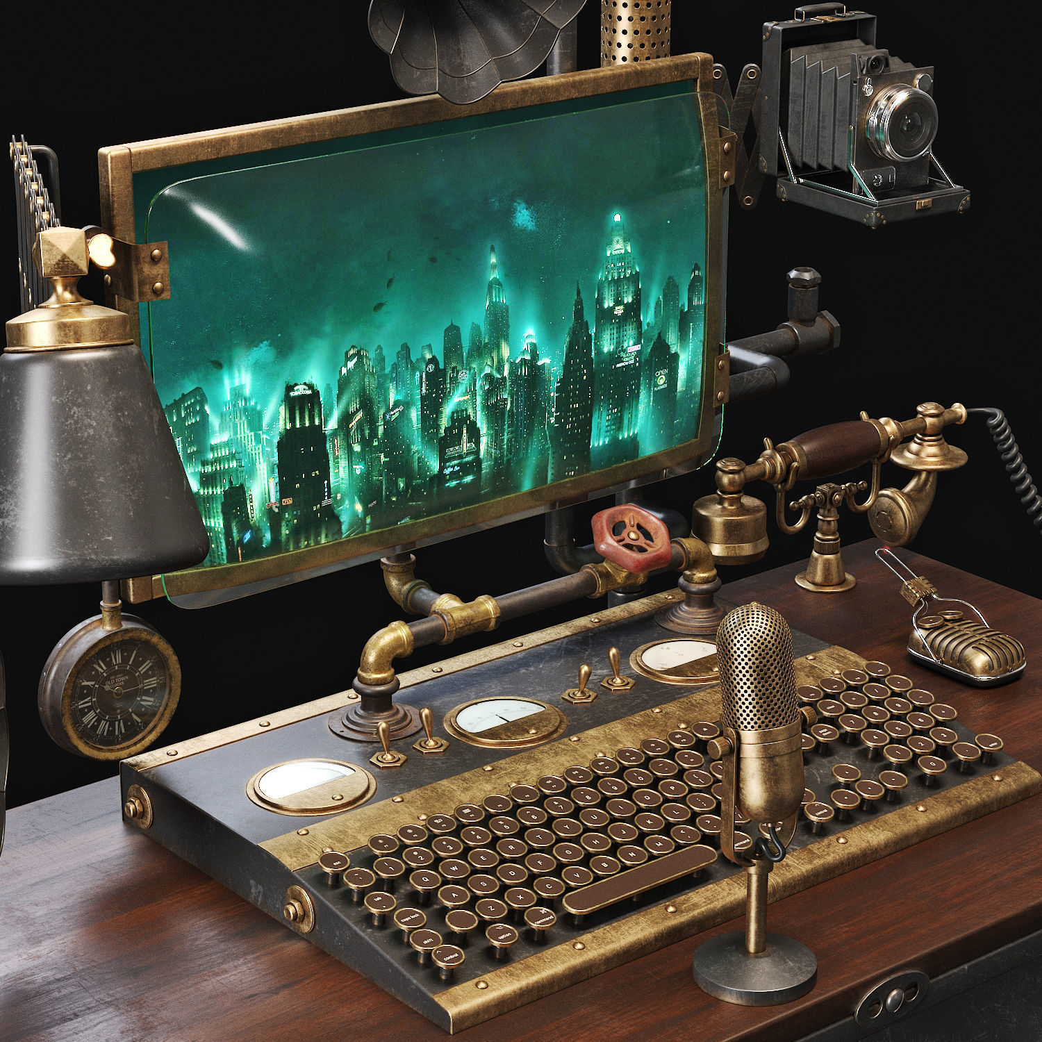 Steampunk Style Workplace 3D model_1