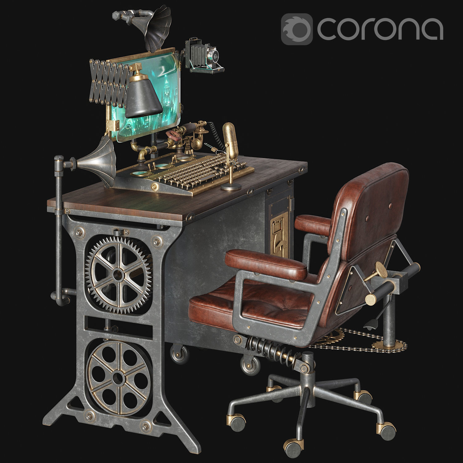 Steampunk Style Workplace 3D model_4