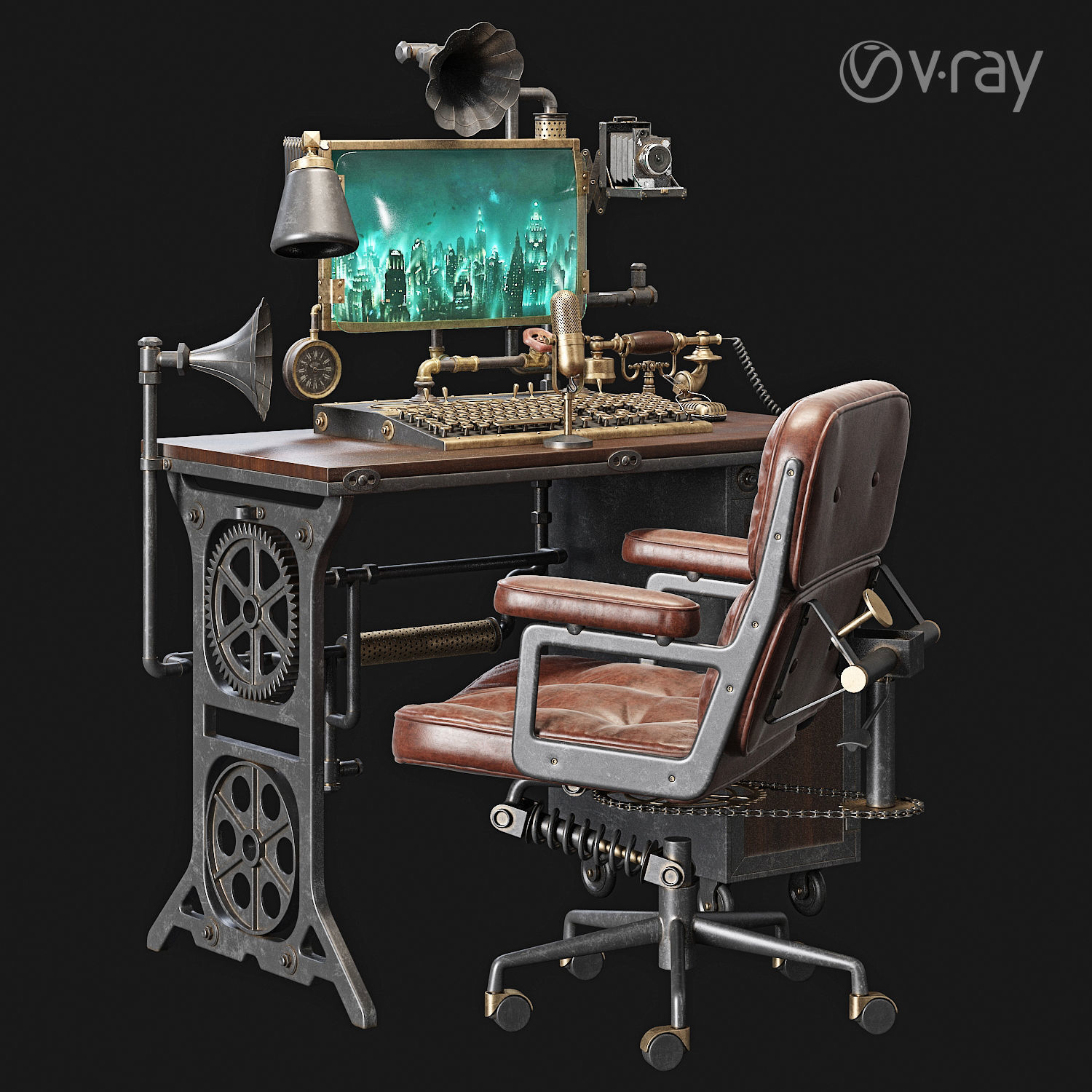 Steampunk Style Workplace 3D model_2