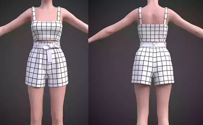 checkered two piece outfit- Plaid Cami Top And Belted Shorts