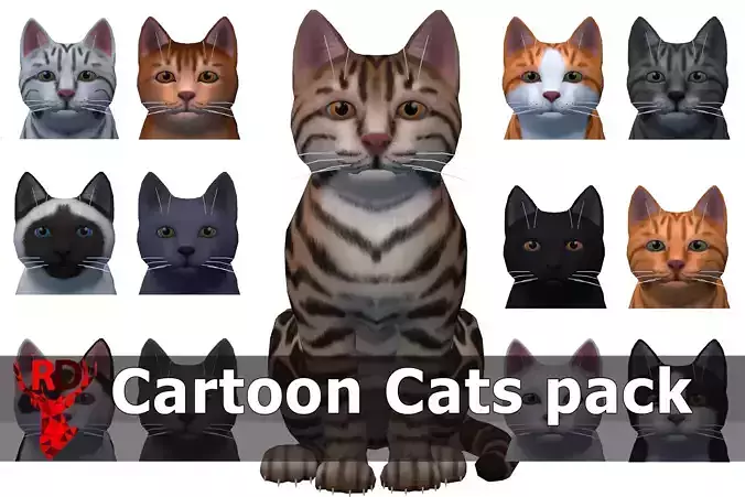 Cartoon Cats pack Low-poly 3D model