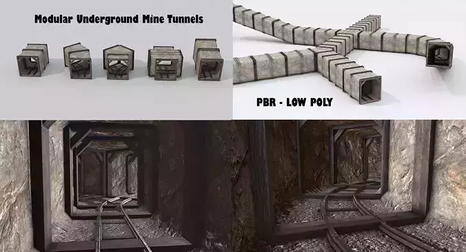 Modular Low Poly PBR Underground Mine Low-poly 3D model