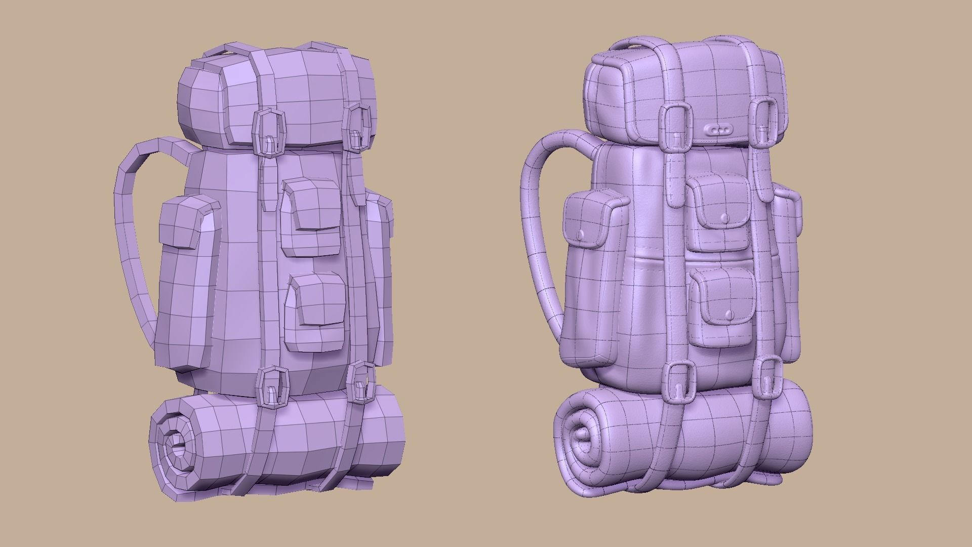 Camping Backpack - Desert - Character Costume Low-poly 3D model_13