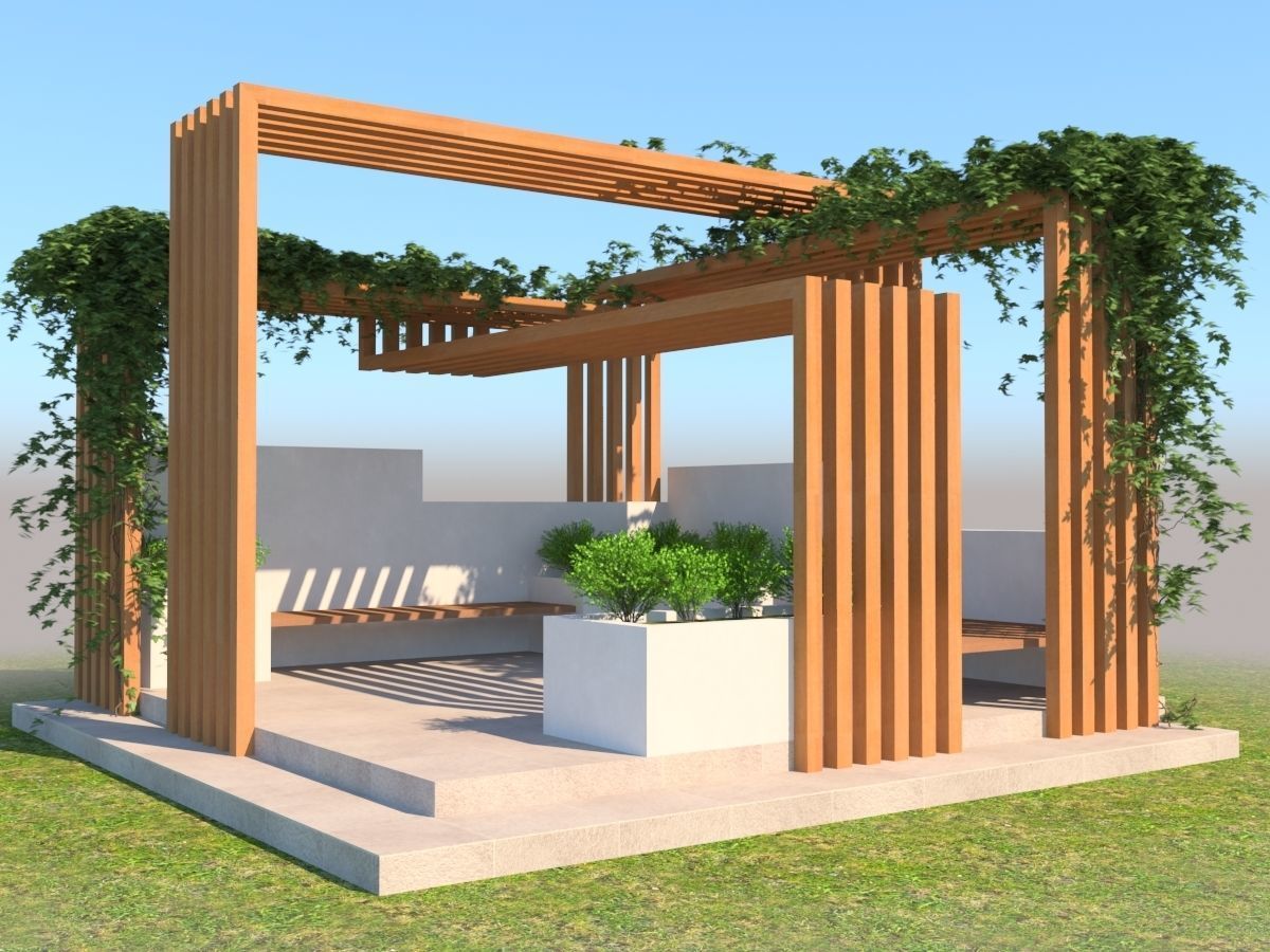 Pergola Design With Bushes And Ivies 3D model_2