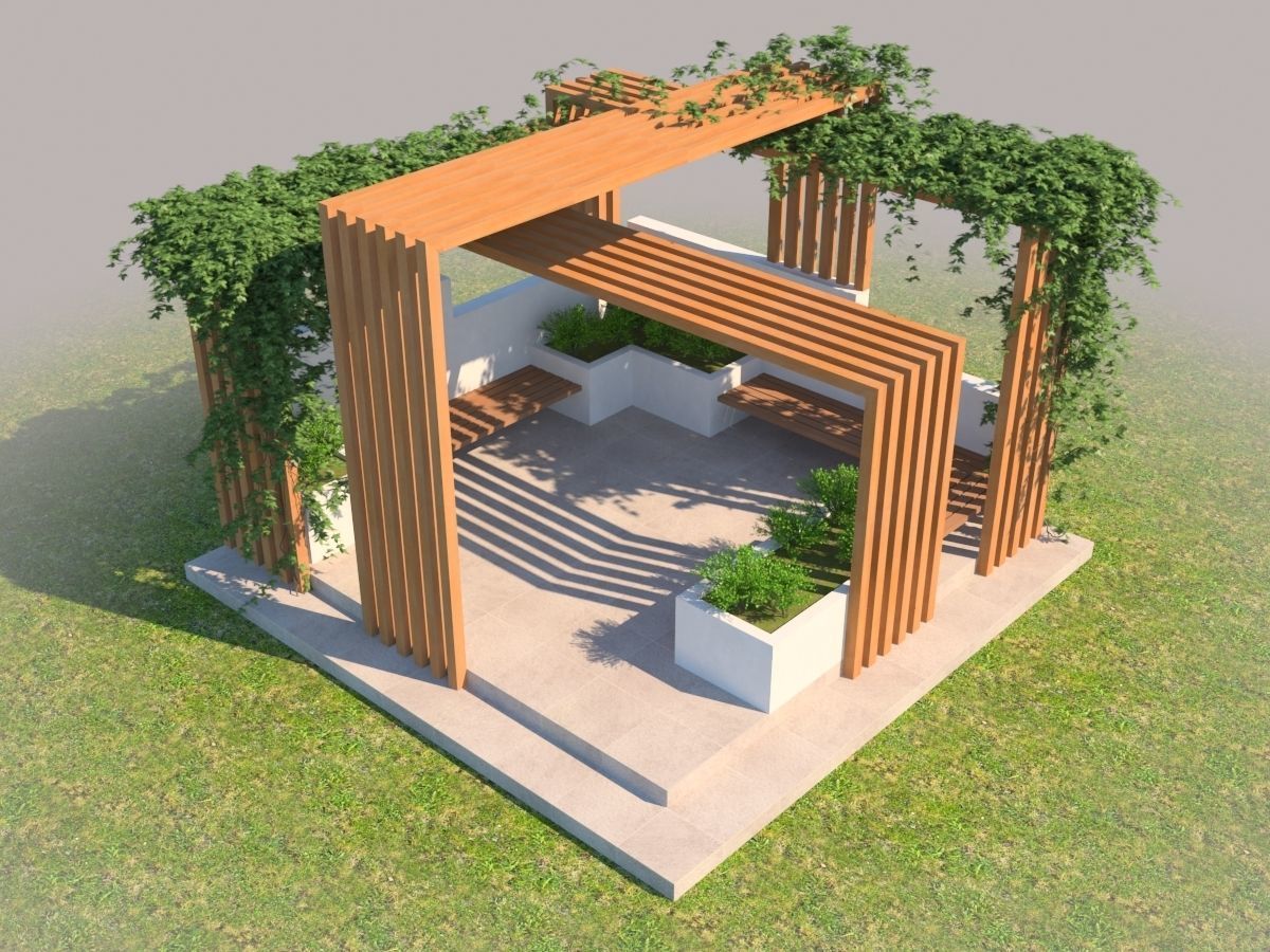Pergola Design With Bushes And Ivies 3D model_1