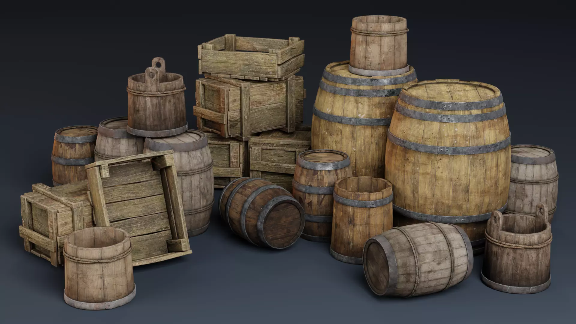 Medieval Fantasy Storage Props Asset Pack barrels crates buckets Low-poly 3D model_0
