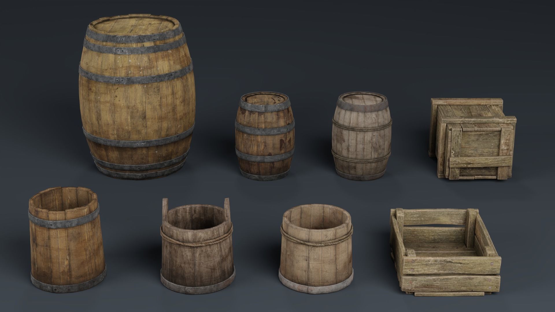 Medieval Fantasy Storage Props Asset Pack barrels crates buckets Low-poly 3D model_1